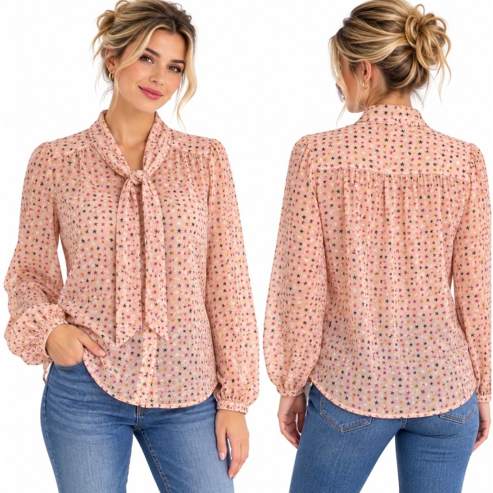 Scotch & Soda Maison Pink Star Print Tie Neck Blouse Sz 3/M Sheer Balloon Sleeve